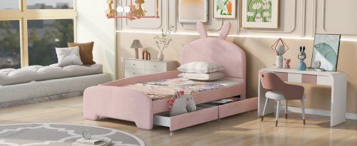 Twin Size Platform Bed With Cartoon Ears Shaped Headboard And 2 Drawers