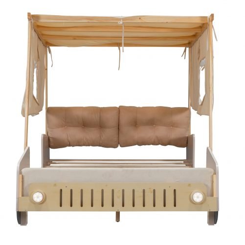 Wood Full Size Car Bed with Pillow, Ceiling Cloth and LED