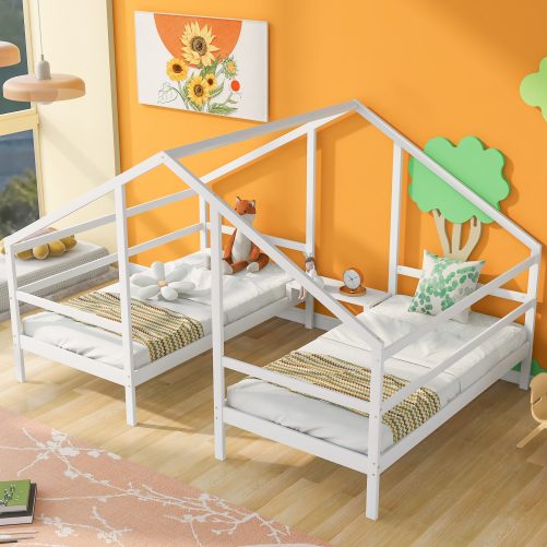 Double Twin Size Triangular House Bed with Built-in Table