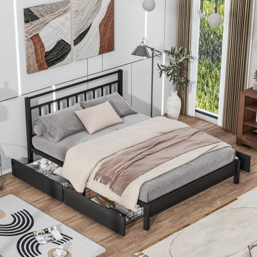 Queen Size Storage Platform Bed With 4 Drawers