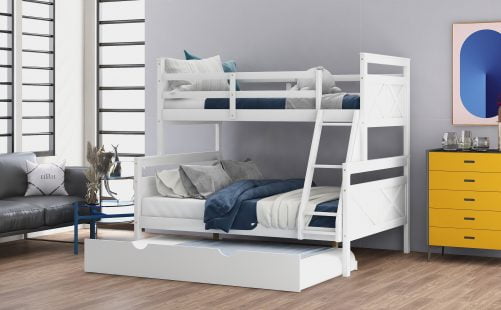 Twin over Full Bunk Bed with Ladder, Trundle, and Guardrail