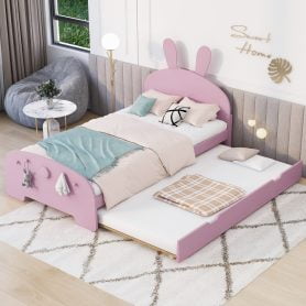Wood Twin Size Platform Bed With Cartoon Ears Shaped Headboard And Trundle