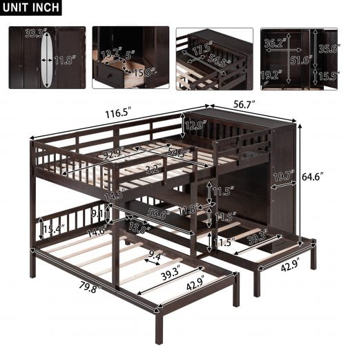 Full-Over-Twin-Twin Bunk Bed with Shelves, Wardrobe and Mirror