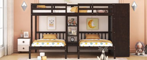 Full-Over-Twin-Twin Bunk Bed with Shelves, Wardrobe and Mirror