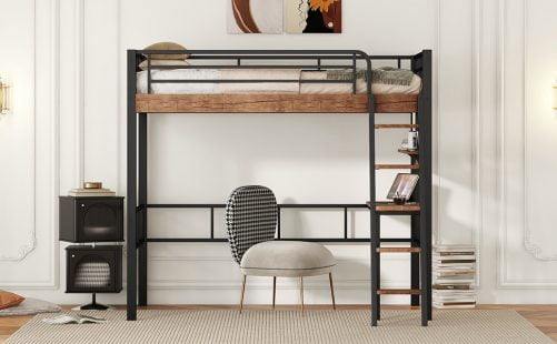Metal Twin Size Loft Bed With Built-in Desk, Storage Shelf And Ladder