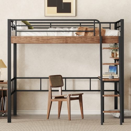 Metal Full Size Loft Bed With Built-in Desk, Storage Shelf And Ladder