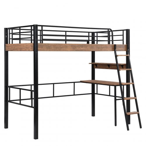 Metal Twin Size Loft Bed With Built-in Desk, Storage Shelf And Ladder