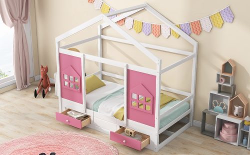 Twin Size Wood House Bed With 2 Drawers And Window Decoration