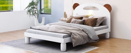 Twin Size Platform Bed with Bear Ears Shaped Headboard and LED
