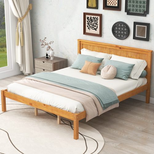 Queen Size Platform Bed Frame With Headboard, Wood Slat Support, No Box Spring Needed