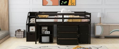Full Size Wooden Loft Bed With Retractable Writing Desk And 3 Drawers, Storage Stairs And Shelves