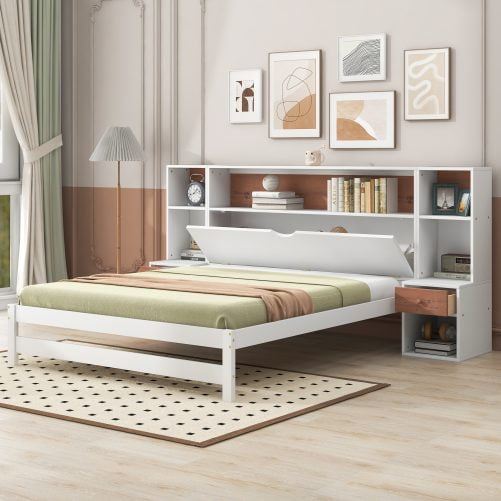 Full Size Platform Bed with Storage Headboard and Drawers