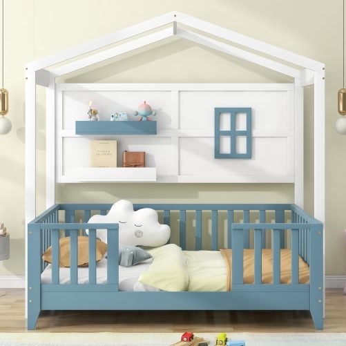 Twin Size Wood House Bed With 2 Shelves And Guardrail