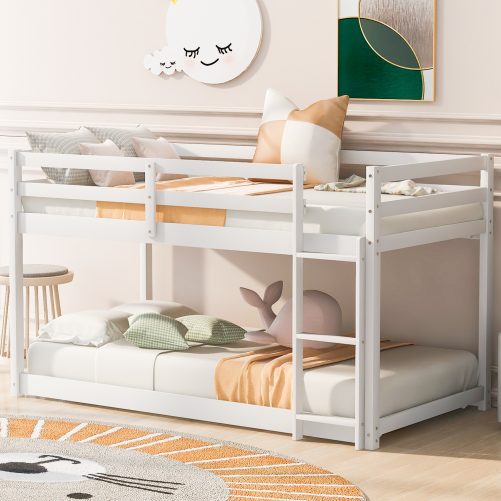Wooden Twin Over Twin Floor Bunk Bed With Ladder