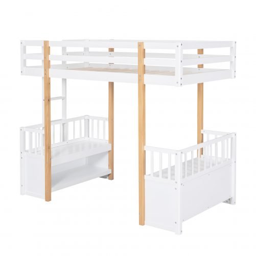 Wood Twin Size Loft Bed With 2 Seats And A Ladder