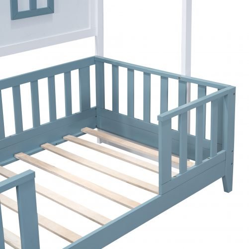 Twin Size Wood House Bed With 2 Shelves And Guardrail