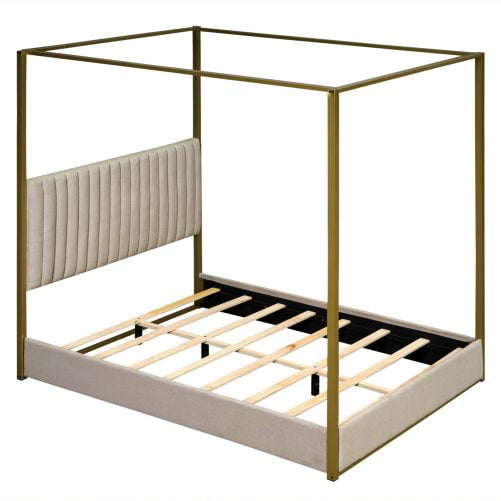 Queen Size Upholstery Canopy Platform Bed with Headboard and Metal Frame