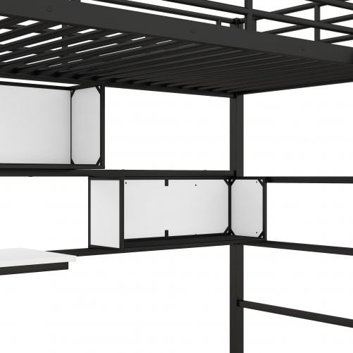 Twin Size Metal Loft Bed With 2 Shelves, A Desk And A Hanging Clothes Rack