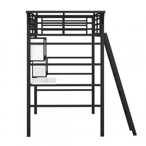 Twin Size Metal Loft Bed With 2 Shelves, A Desk And A Hanging Clothes Rack