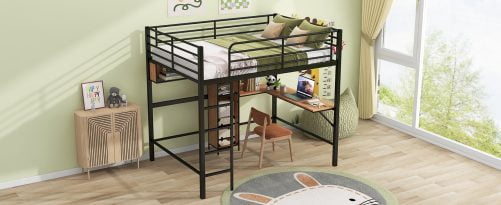 Full Size Metal & Wood Loft Bed With L-Shaped Desk And Shelves
