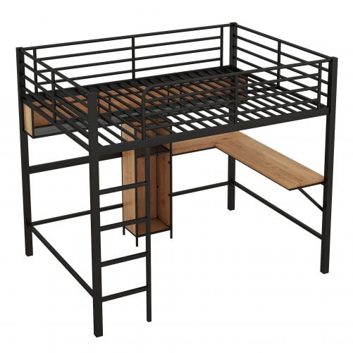 Full Size Metal & Wood Loft Bed With L-Shaped Desk And Shelves