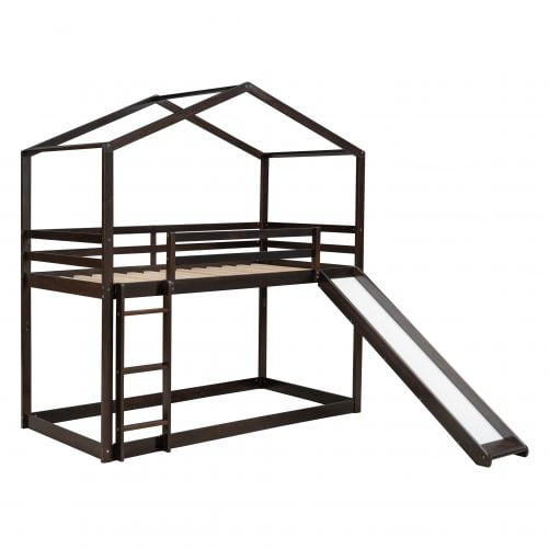 Twin Over Twin Bunk Bed With Roof, Slide And Ladder
