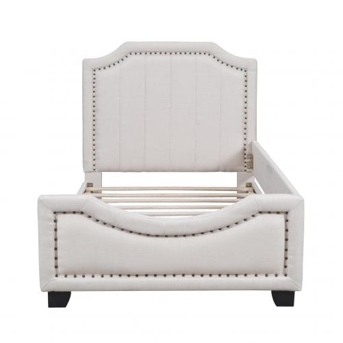 Twin Size Upholstered Platform Bed With Nailhead Trim Decoration And Guardrail