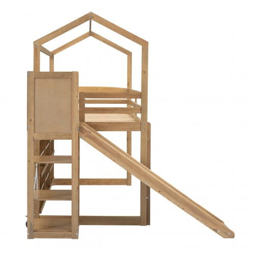 Twin Size Wood House Loft Bed With Slide, Storage Shelves And Light, Climbing Ramp
