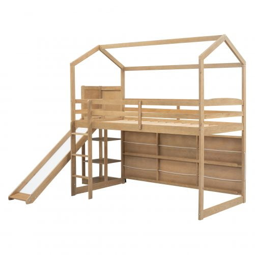Twin Size Wood House Loft Bed With Slide, Storage Shelves And Light, Climbing Ramp