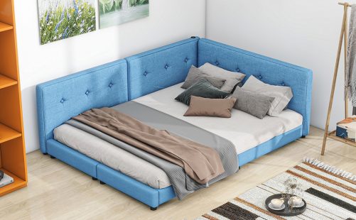 Upholstered Queen Size Platform Bed with USB Ports