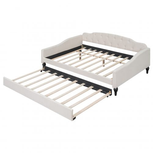 Full Size Upholstered Tufted Daybed Bed With Twin Size Trundle