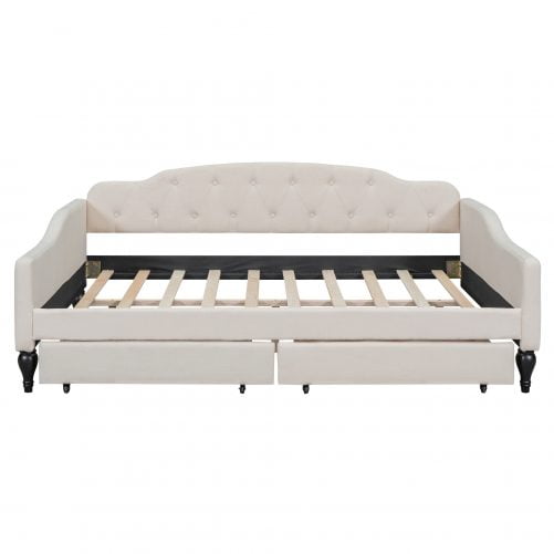 Full Size Upholstered Tufted Daybed Bed With Two Drawers