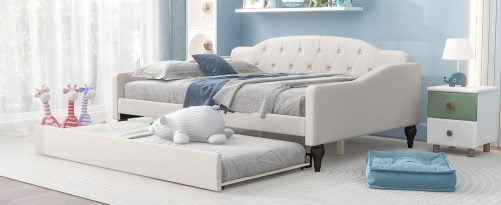 Full Size Upholstered Tufted Daybed Bed With Twin Size Trundle