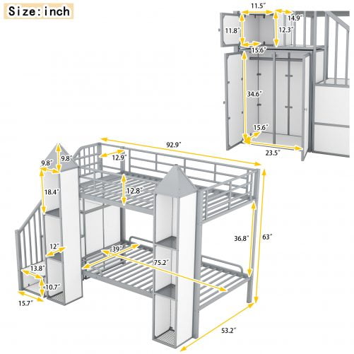 Metal Twin Over Twin Castle-Shaped Bunk Bed With Wardrobe And Multiple Storage
