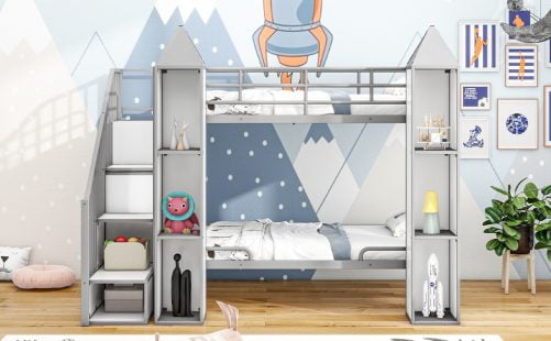 Metal Twin Over Twin Castle-Shaped Bunk Bed With Wardrobe And Multiple Storage