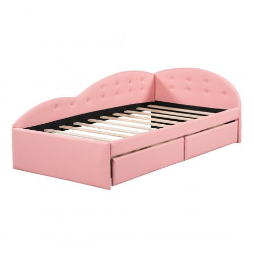 Twin Size PU Upholstered Tufted Daybed with Two Drawers and Cloud Shaped Guardrail