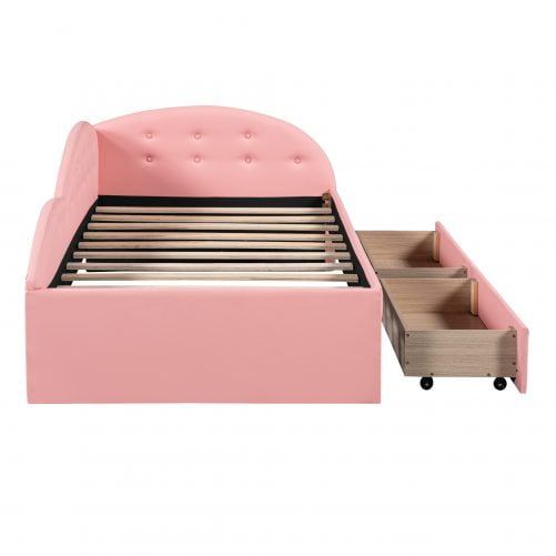 Twin Size PU Upholstered Tufted Daybed with Two Drawers and Cloud Shaped Guardrail