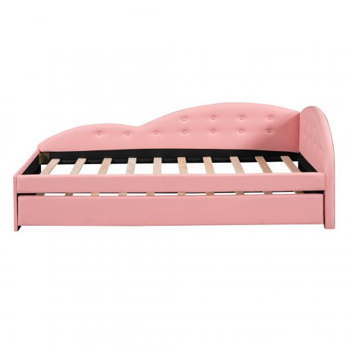 Twin Size PU Upholstered Tufted Daybed With Trundle And Cloud Shaped Guardrail