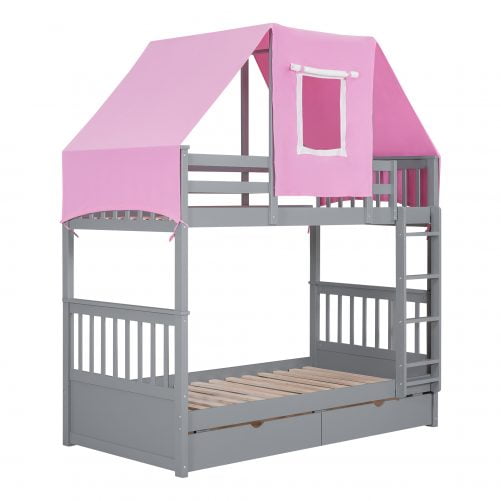 Wood Twin Over Twin Bunk Bed With Tent And Drawers