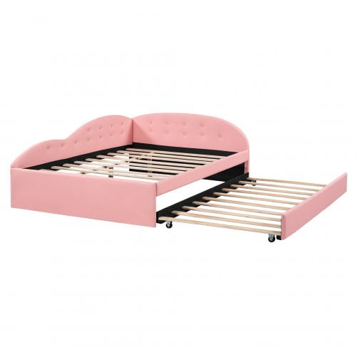 Full Size PU Upholstered Tufted Daybed With Trundle And Cloud Shaped Guardrail