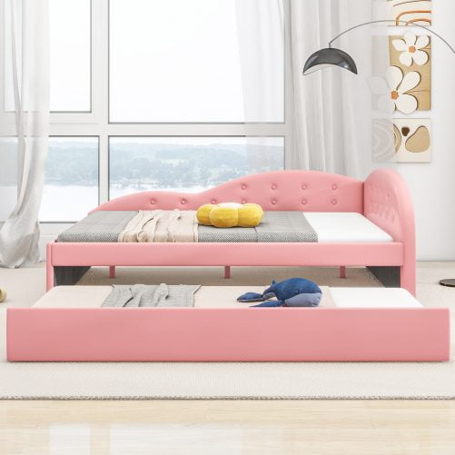 Full Size PU Upholstered Tufted Daybed With Trundle And Cloud Shaped Guardrail