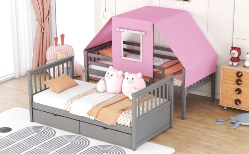 Wood Twin Over Twin Bunk Bed With Tent And Drawers