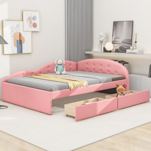 Full Size PU Upholstered Tufted Daybed With Two Drawers And Cloud Shaped Guardrail