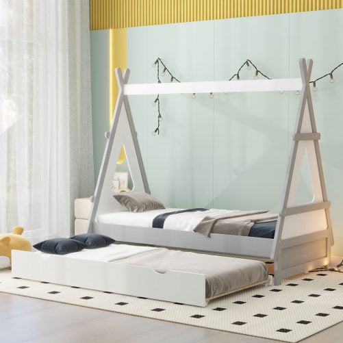 Twin Size Tent Floor Bed With Pull-out Twin Size Trundle