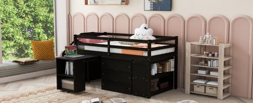 Wooden Twin Size Loft Bed With Retractable Writing Desk And 3 Drawers, Storage Stairs And Shelves