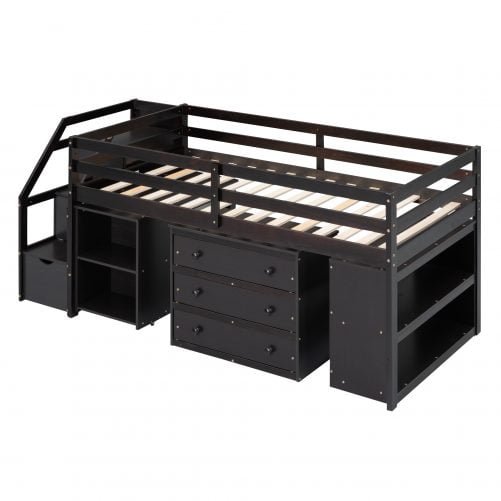 Wooden Twin Size Loft Bed With Retractable Writing Desk And 3 Drawers, Storage Stairs And Shelves