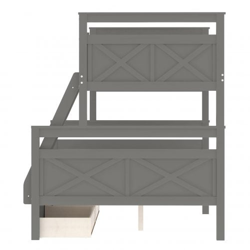 Twin Over Full Bunk Bed With Ladder, Two Storage Drawers and Safety Guardrail