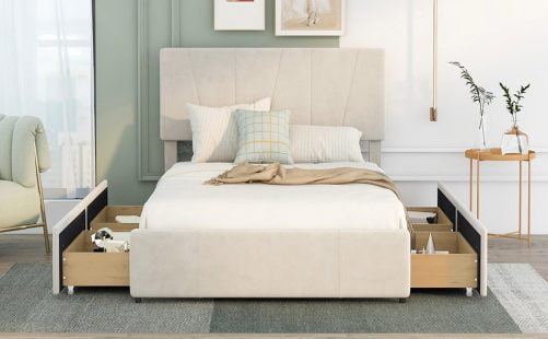 Full Size Upholstery Platform Bed With Four Drawers On Two Sides, Adjustable Headboard