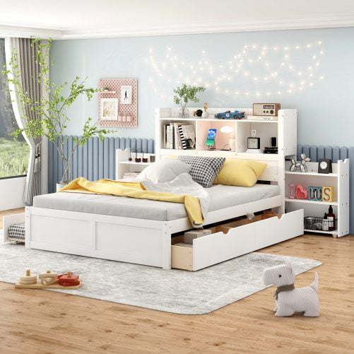 Full Size Storage Platform Bed With Pull Out Shelves, Twin Size Trundle And 2 Drawers