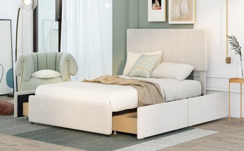 Full Size Upholstery Platform Bed With Four Drawers On Two Sides, Adjustable Headboard